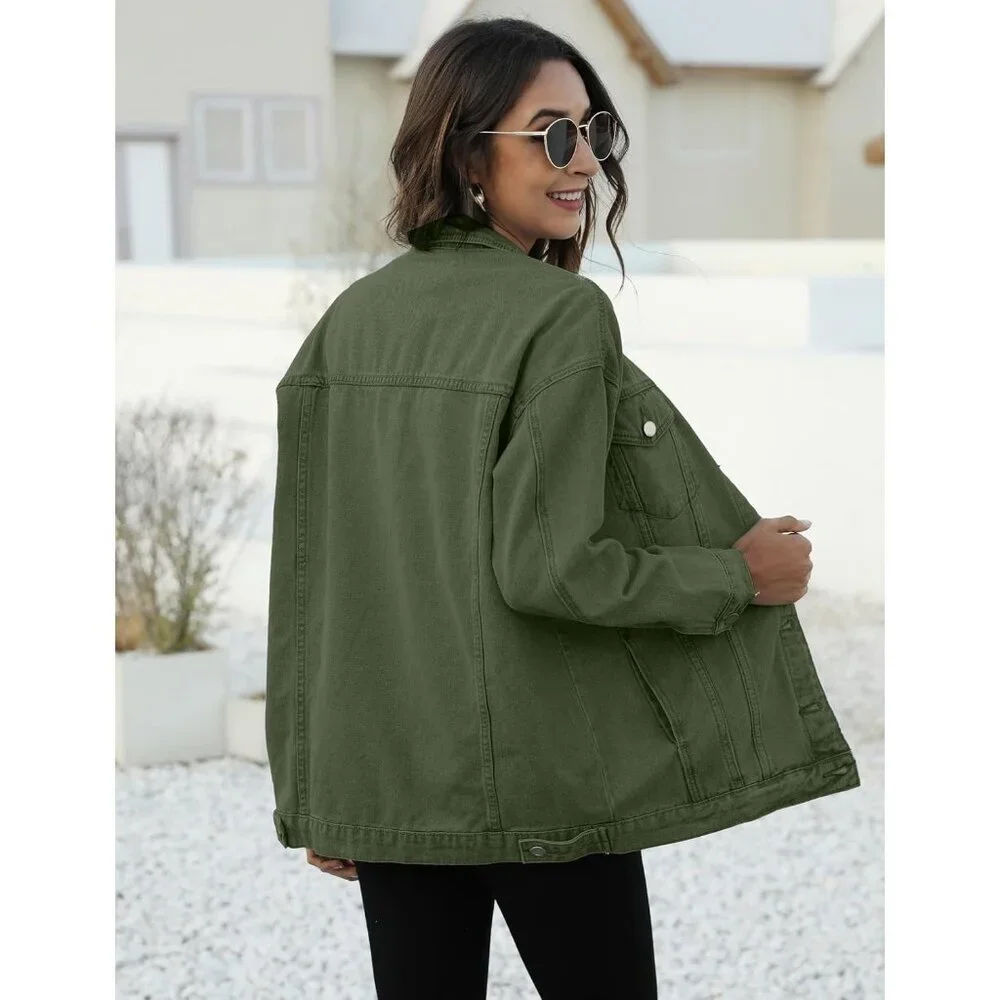 Women's Oversized Mid Long Denim Jacket Jean Biker Coat Long Sleeves Green - Picture 6 of 8
